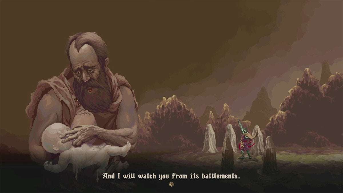 The player talking to the NPC Cesáreo in the Severed Tower.