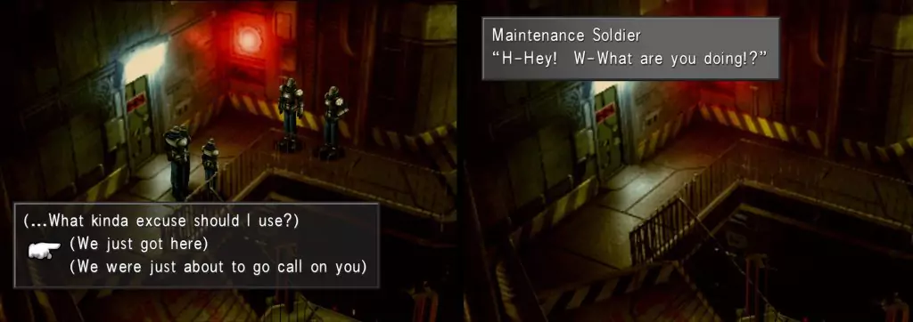 Selphie's team tricking a Maintenance Soldier with an excuse.