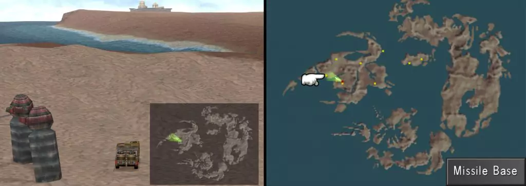 The Galbadian Missile Base on the mini-map and the full-screen map.
