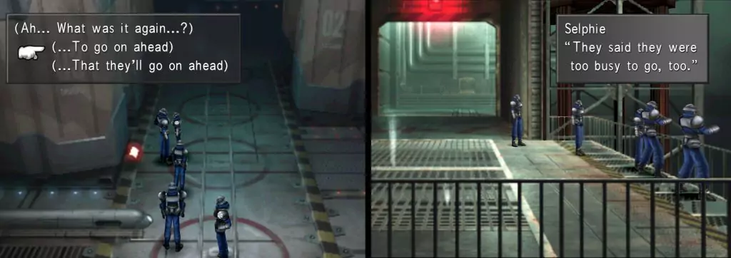 Selphie's team delivering messages around the missile base.