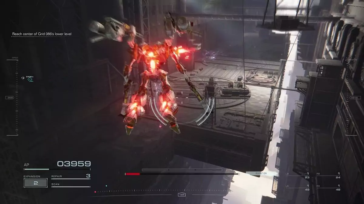 The player looking over at a platform with two machines that hold Bronze Logs in Infiltrate Grid 086.