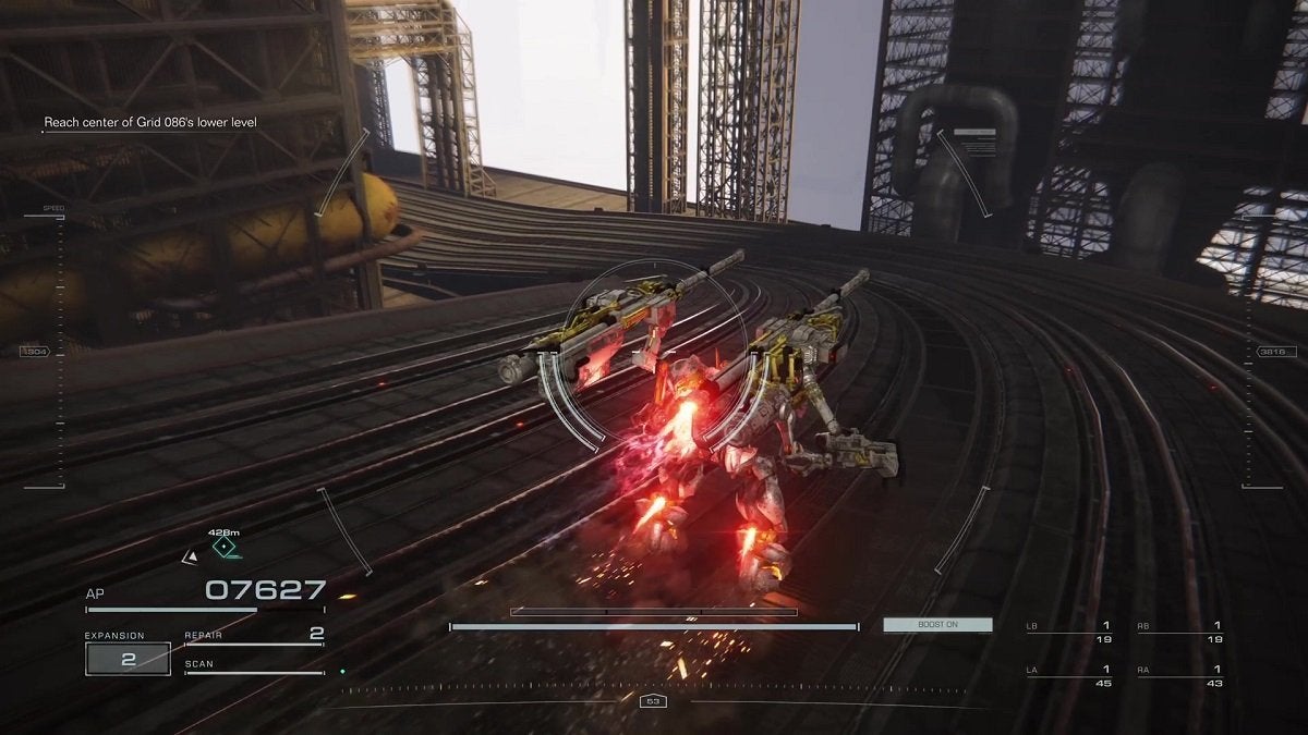 The player navigating a bridge in the mission "Infiltrate Grid 086."