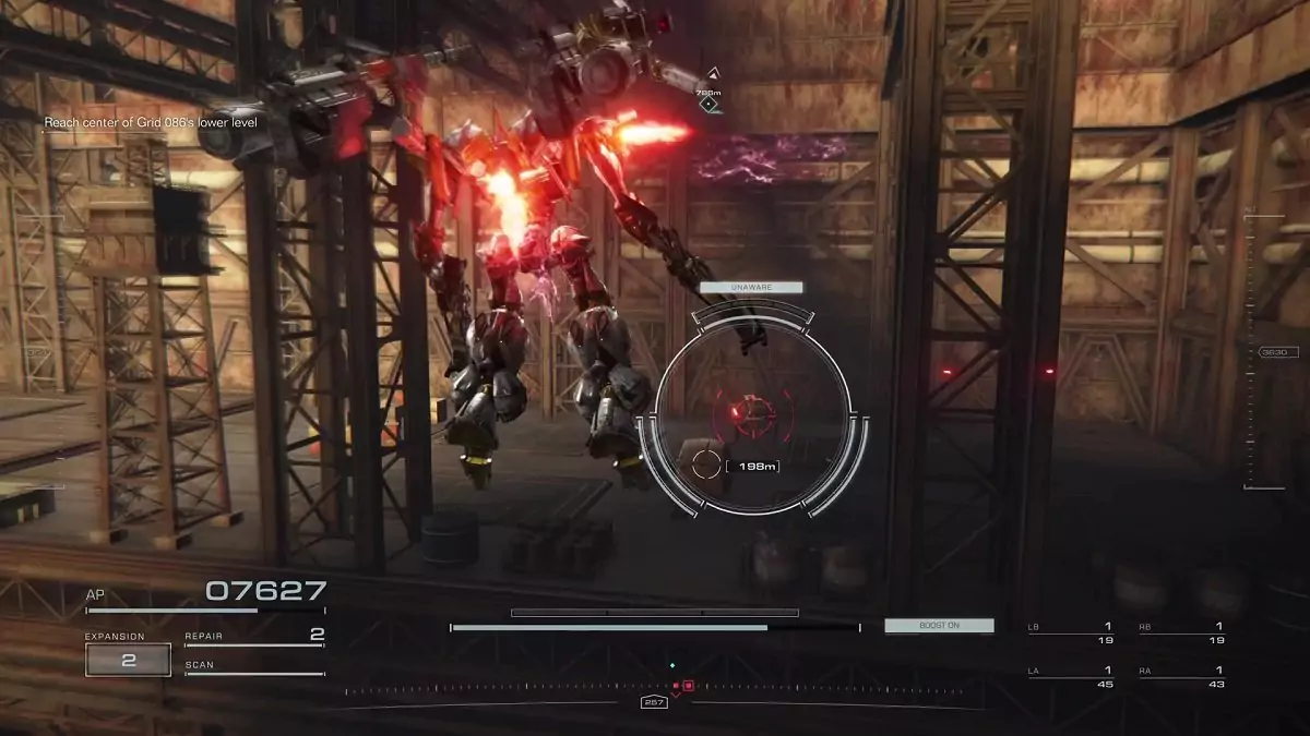The player looking over at enemies that hold Bronze Logs in Infiltrate Grid 086.