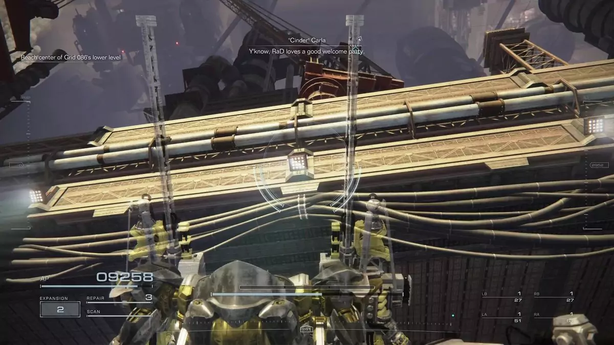 The player looking up at the roof of a structure in Infiltrate Grid 086—just past where the player fights Invincible Rummy.