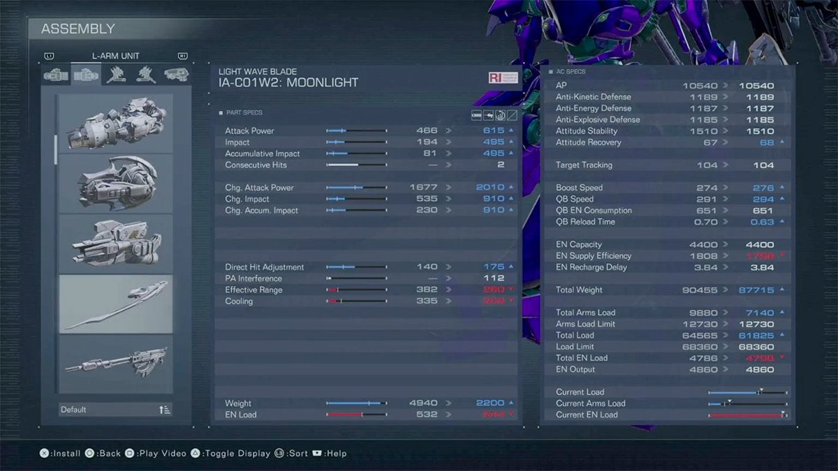 The stats of the IA-C01W2: Moonlight in Armored Core 6.