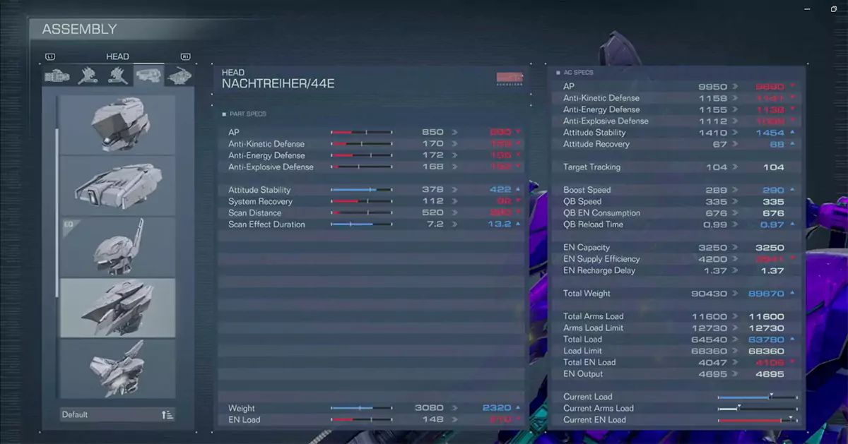 The Nachtreiher/44E head part's stats in Armored Core 6.