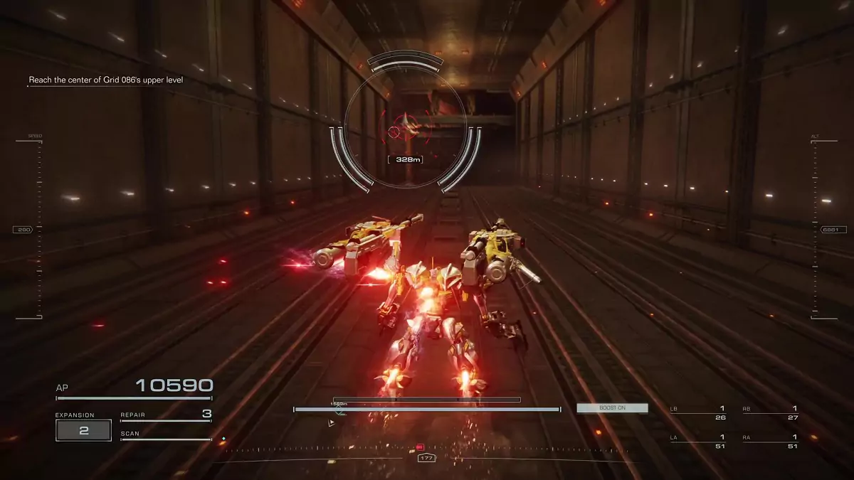The player facing drones that hold Bronze Logs in Armored Core 6.