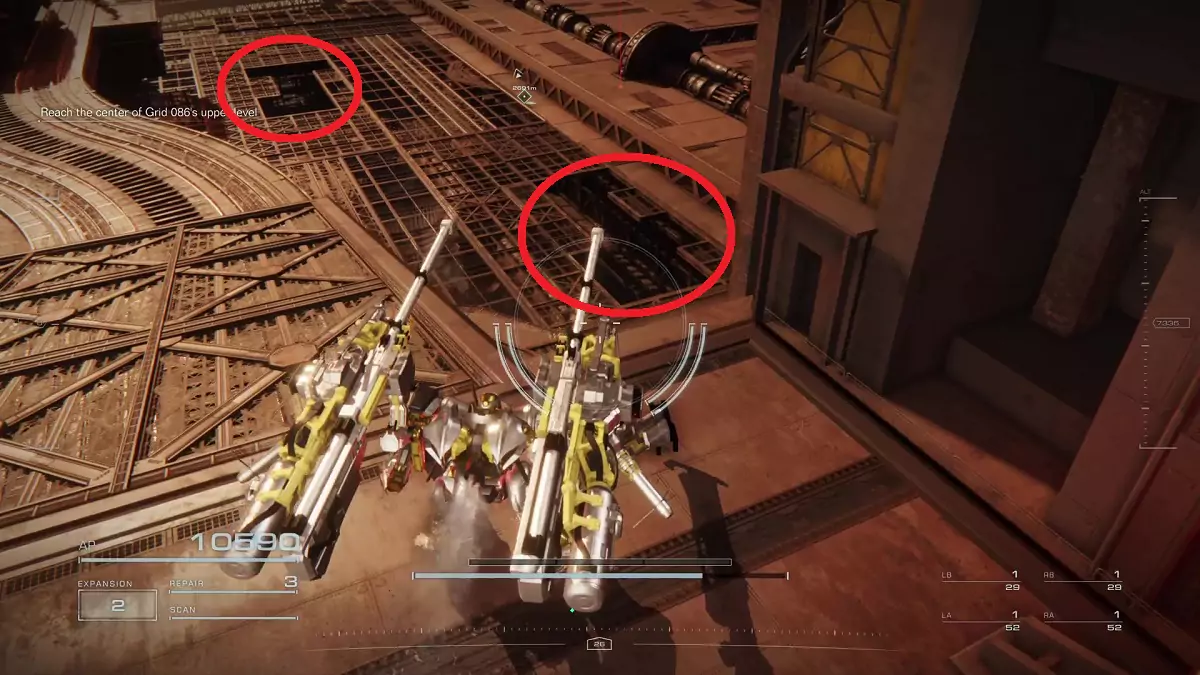 The player facing some scaffolding in the "Ocean Crossing" mission in Armored Core 6.