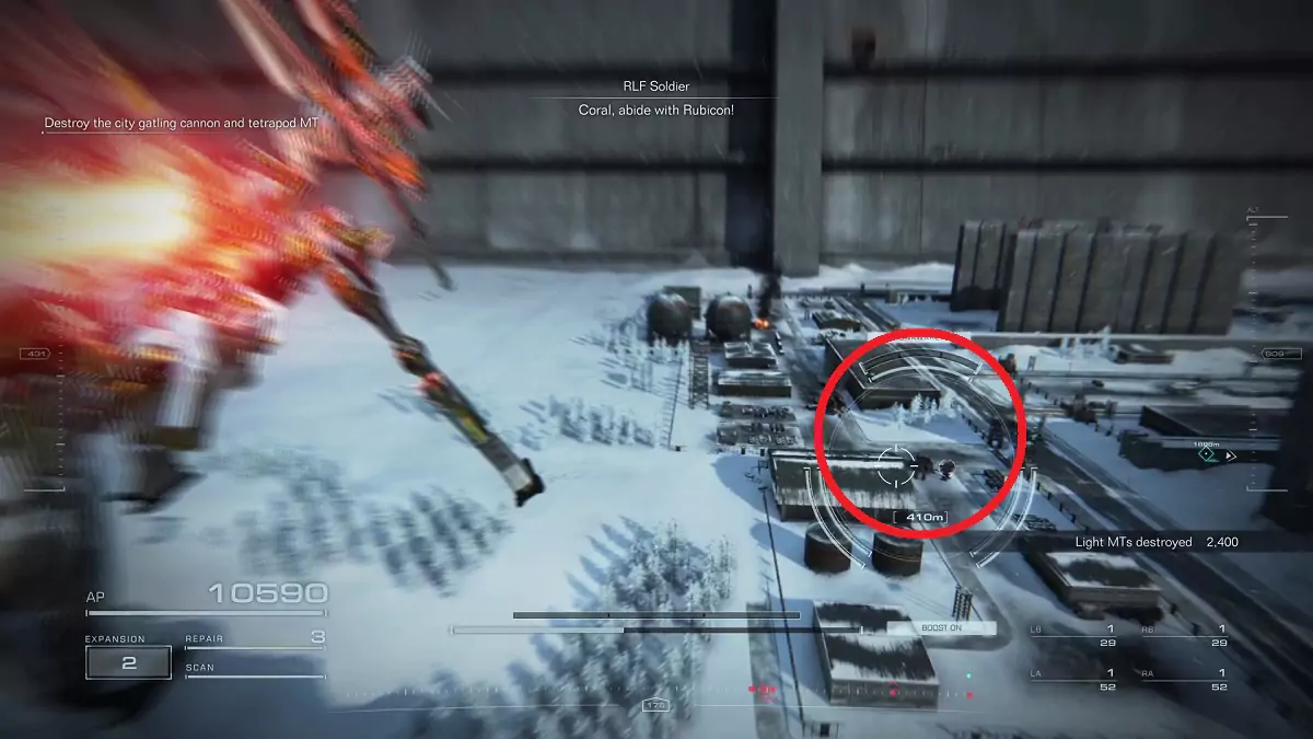 The player flying towards the three AC machines that hold Bronze Logs in the Operation Wallclimber mission.
