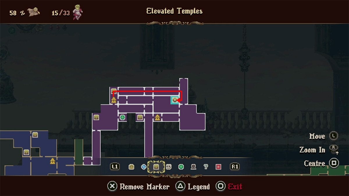 A red arrow on the map showing where to get the Abandoned Rosary Knot in the Elevated Temples.
