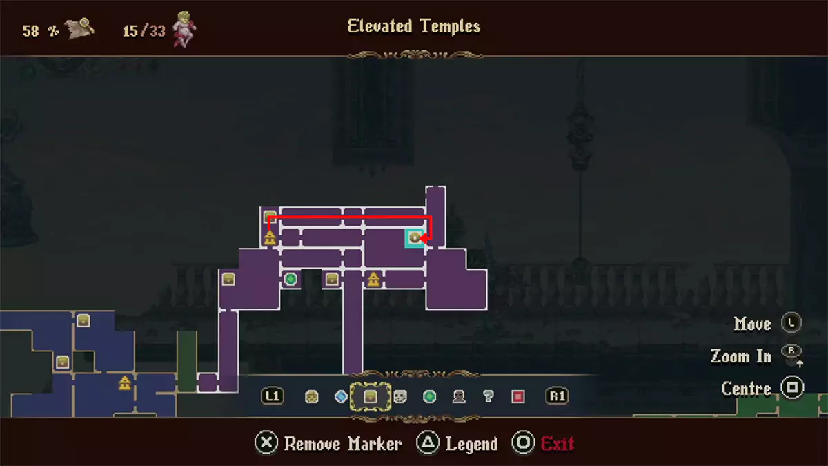 A red arrow on the map showing where to get the Abandoned Rosary Knot in the Elevated Temples.