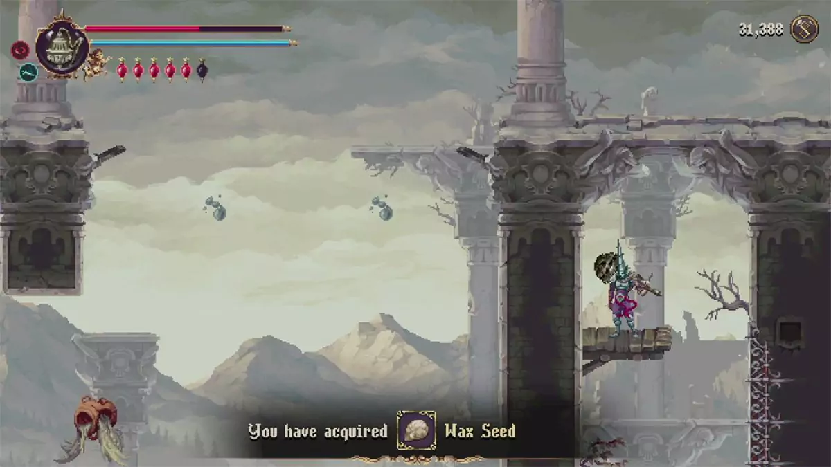 The player picking up a Wax Seed in the Aqueduct of the Costales.