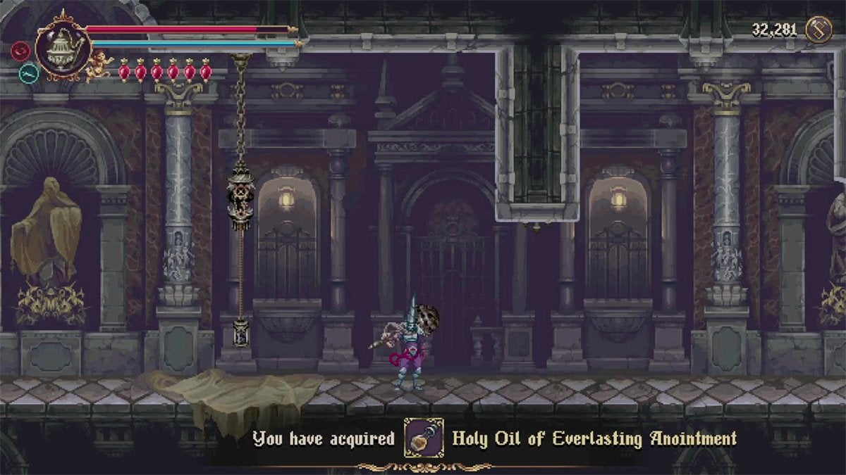 The player picking up the Holy Oil of Everlasting Anointment in Blasphemous 2.