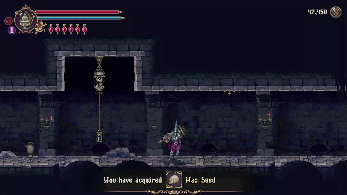The player picking up the Wax Seed in the Streets of Wakes.
