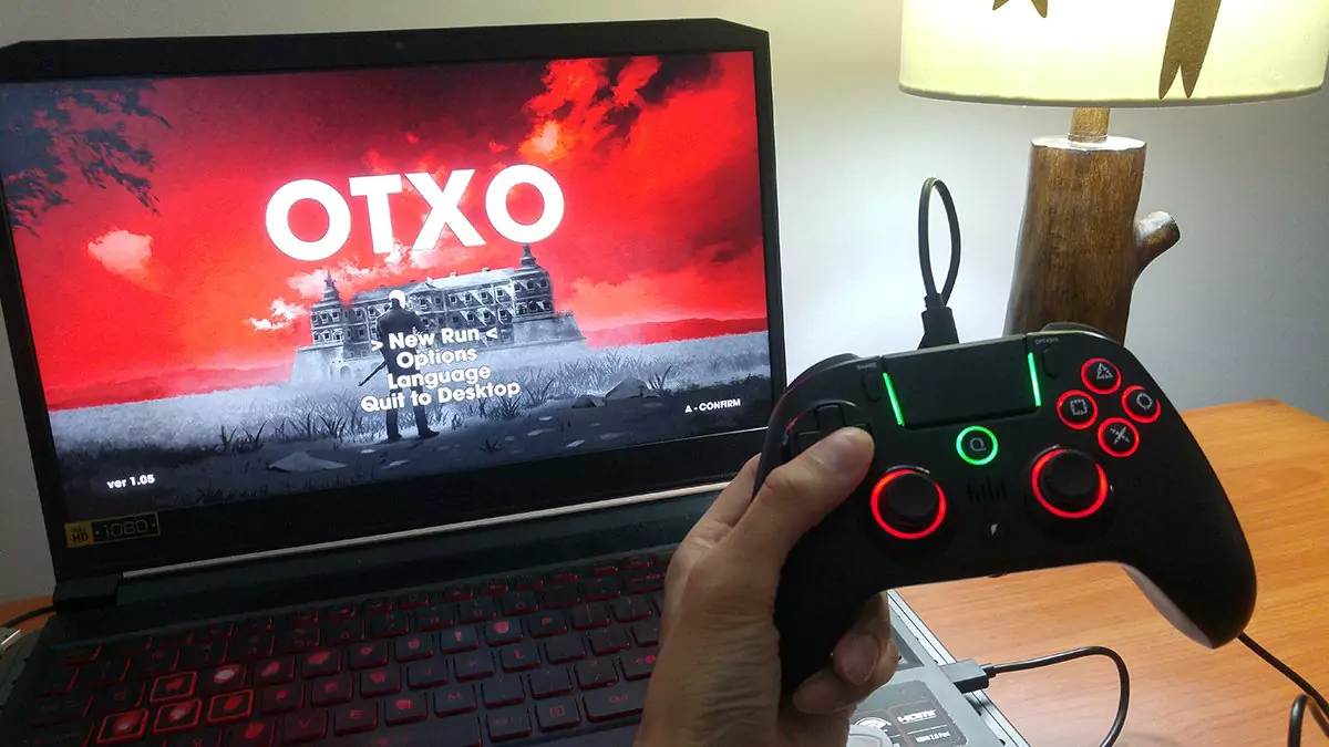 A gamer playing OTXO with the Spark N5 Wireless Controller for PS4 from QRD.