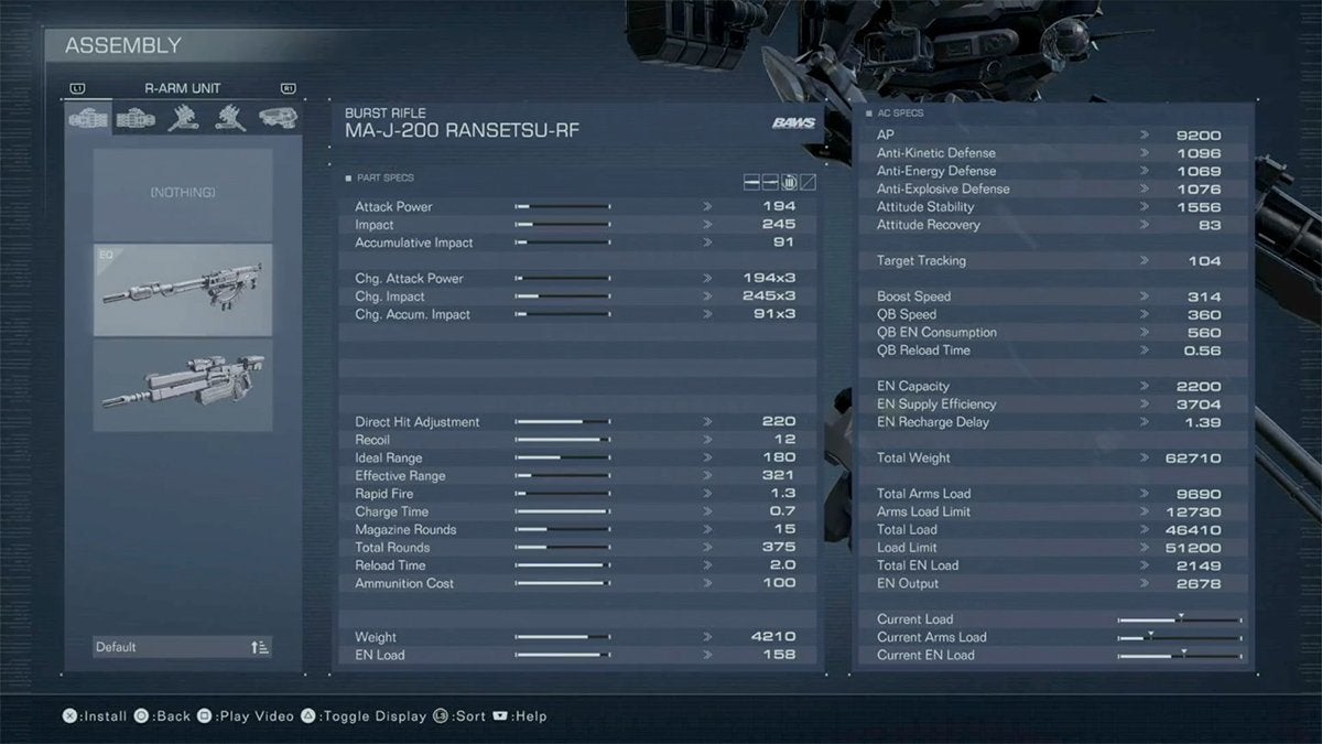 Stats for the Ransetsu rifle in Armored Core 6.