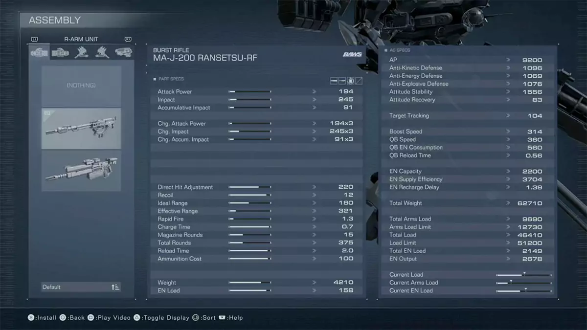 Stats for the Ransetsu rifle in Armored Core 6.
