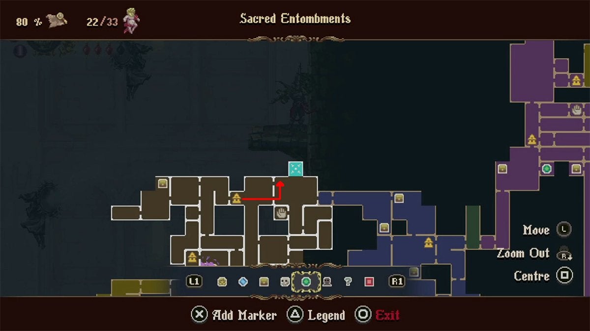 A red arrow showing a path through the Sacred Entombments that leads to a jumping puzzle that lets player get a Forgotten Tribute.