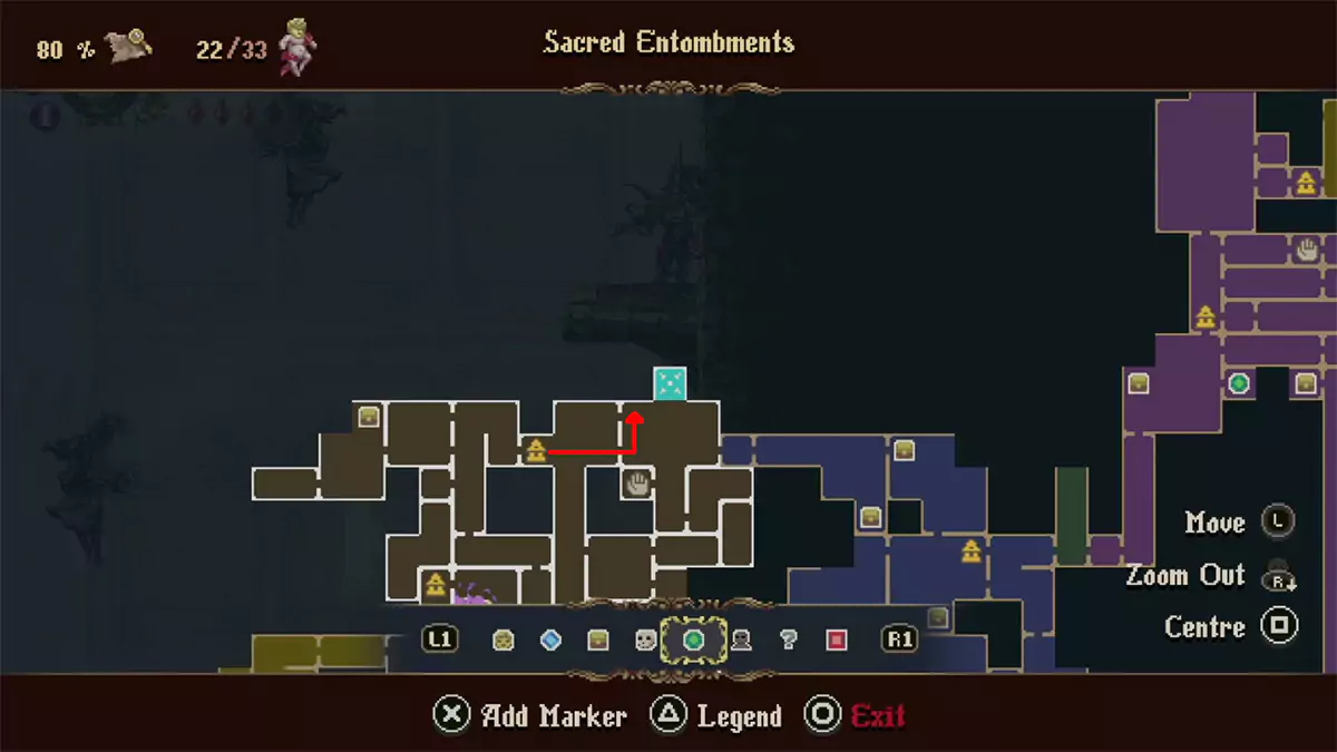 A red arrow showing a path through the Sacred Entombments that leads to a jumping puzzle that lets player get a Forgotten Tribute.