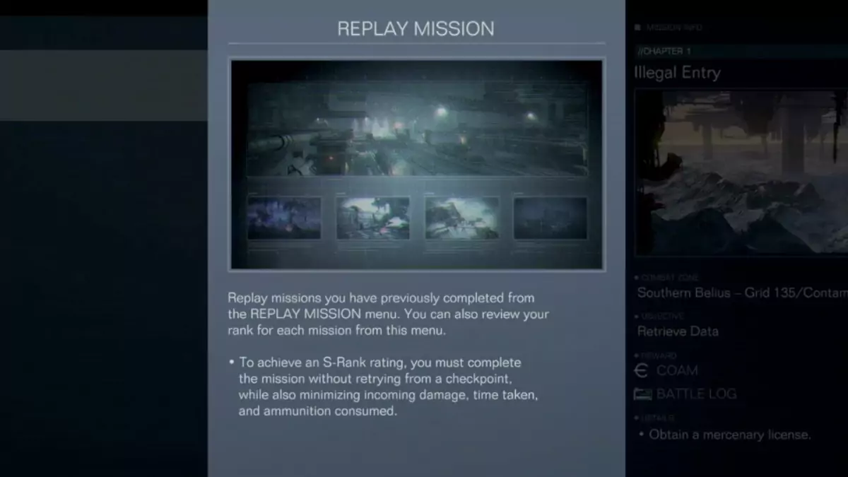 Armored Core 6's Replay Mission tutorial message about how to achieve S-Rank on missions.