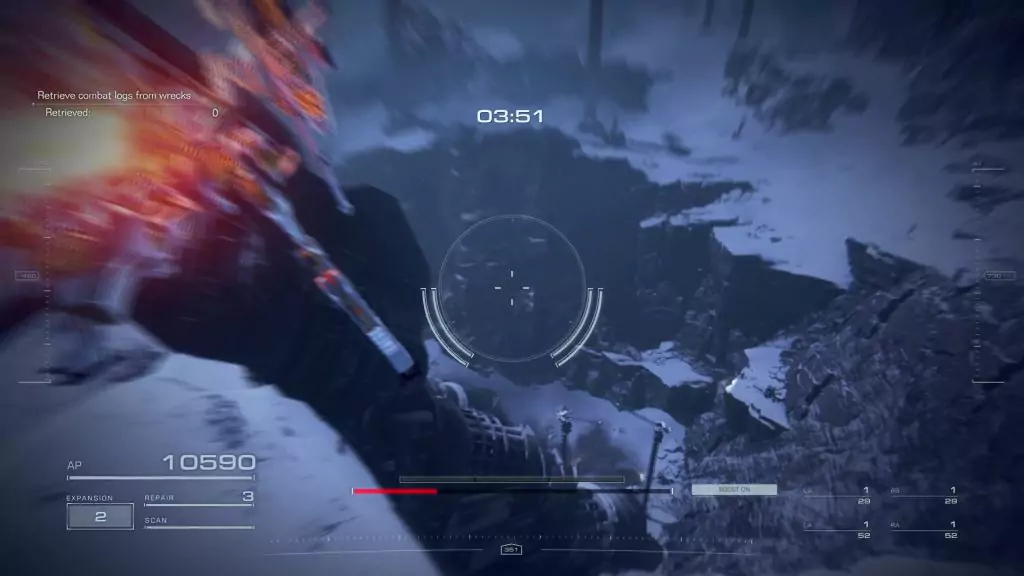 The player flying towards a chasm in the Retrieve Combat Logs mission in Armored Core 6.