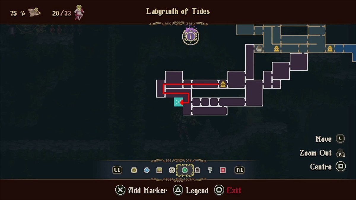 A red arrow on the map showing how to get from the first Prie Dieu in the Labyrinth of Tides to a Forgotten Tribute.