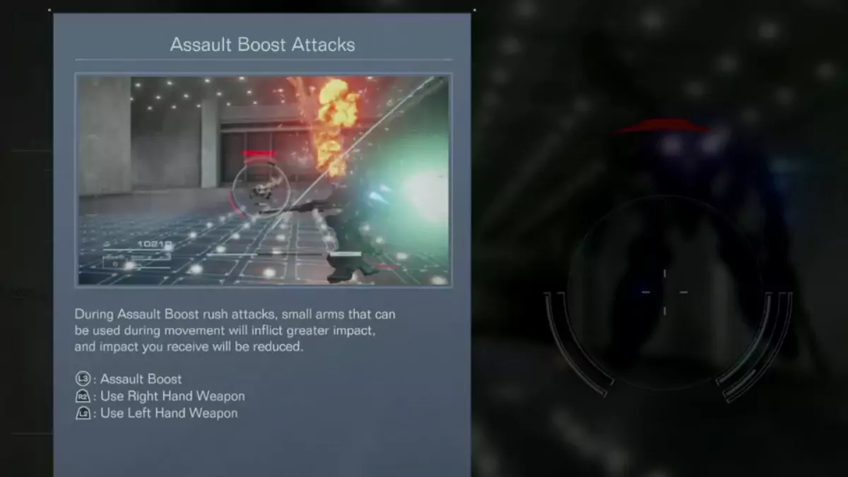The tutorial message in Armored Core 6 telling player that they can attack with arm-equipped weapons while using Assault Boost.