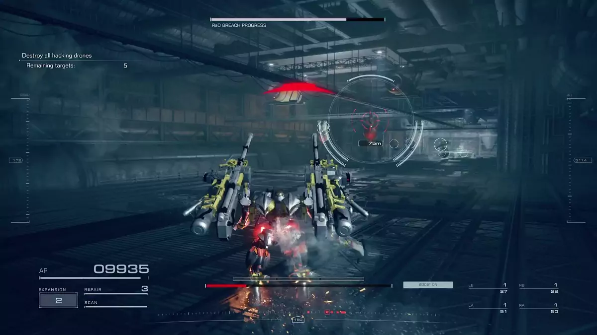 The player facing enemies that hold Bronze Logs in "Stop the Secret Data Breach" mission in Armored Core 6.