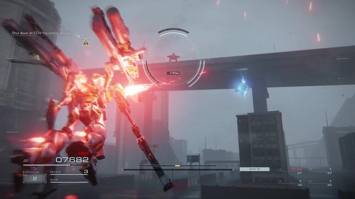 The player fighting a drone that holds a Combat Log in the "Survey the Uninhabited Floating City" mission.