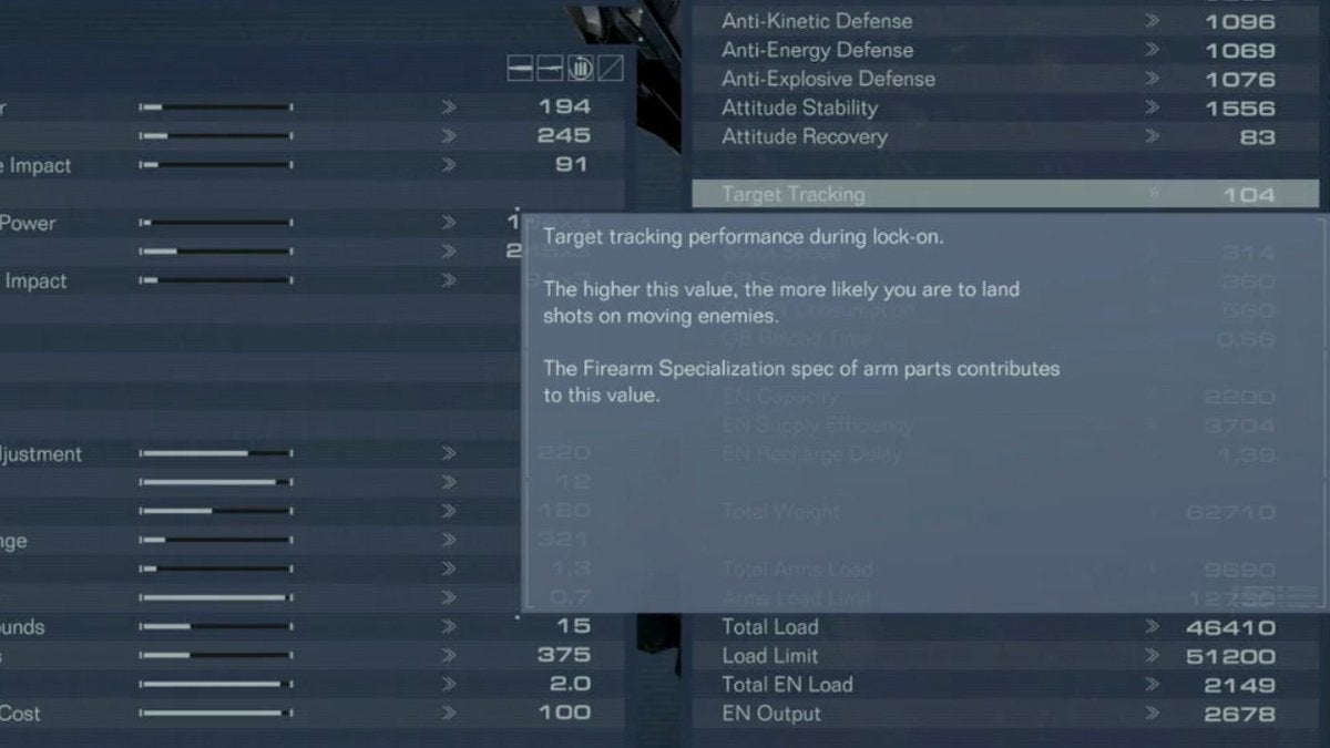 Armored Core 6's Contextual Help explaining that higher Target Tracking stats help players hit moving targets more easily.