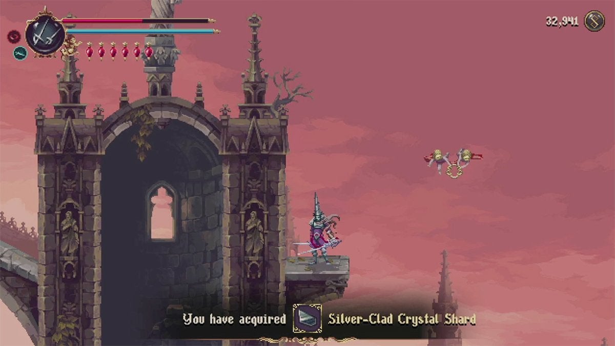 The player getting a Silver-Clad Crystal Shard in the Elevated Temples.
