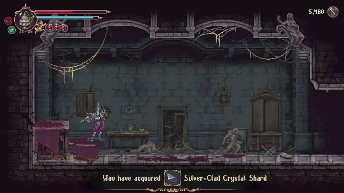 The player getting a Silver-Clad Crystal Shard in the Palace of Embroideries.
