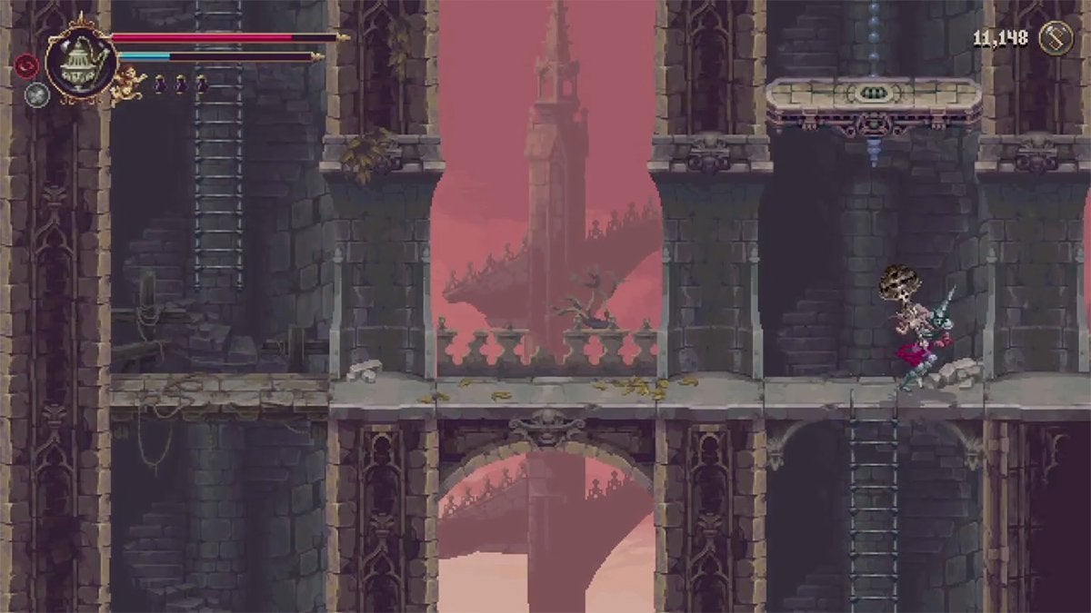 The player is below a moving platform and is running to the right.