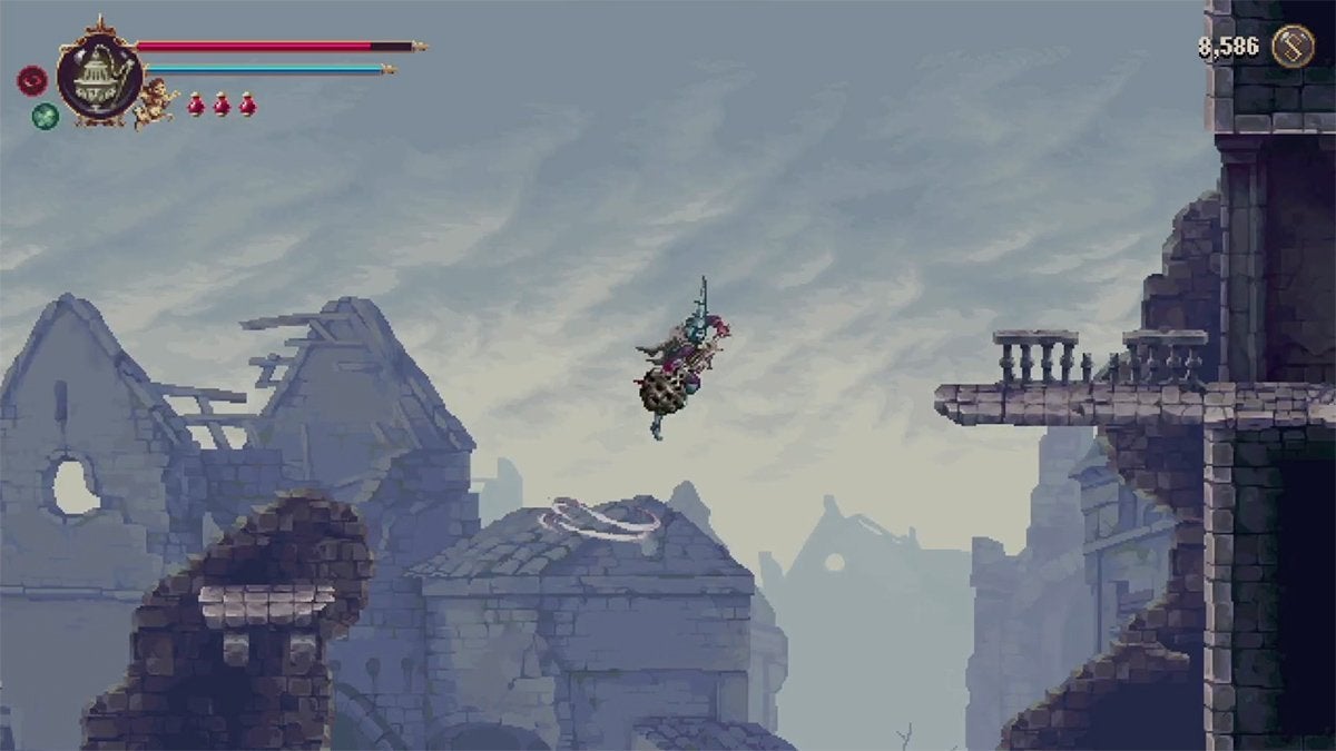 The player using a double jump to get to a balcony on the right.