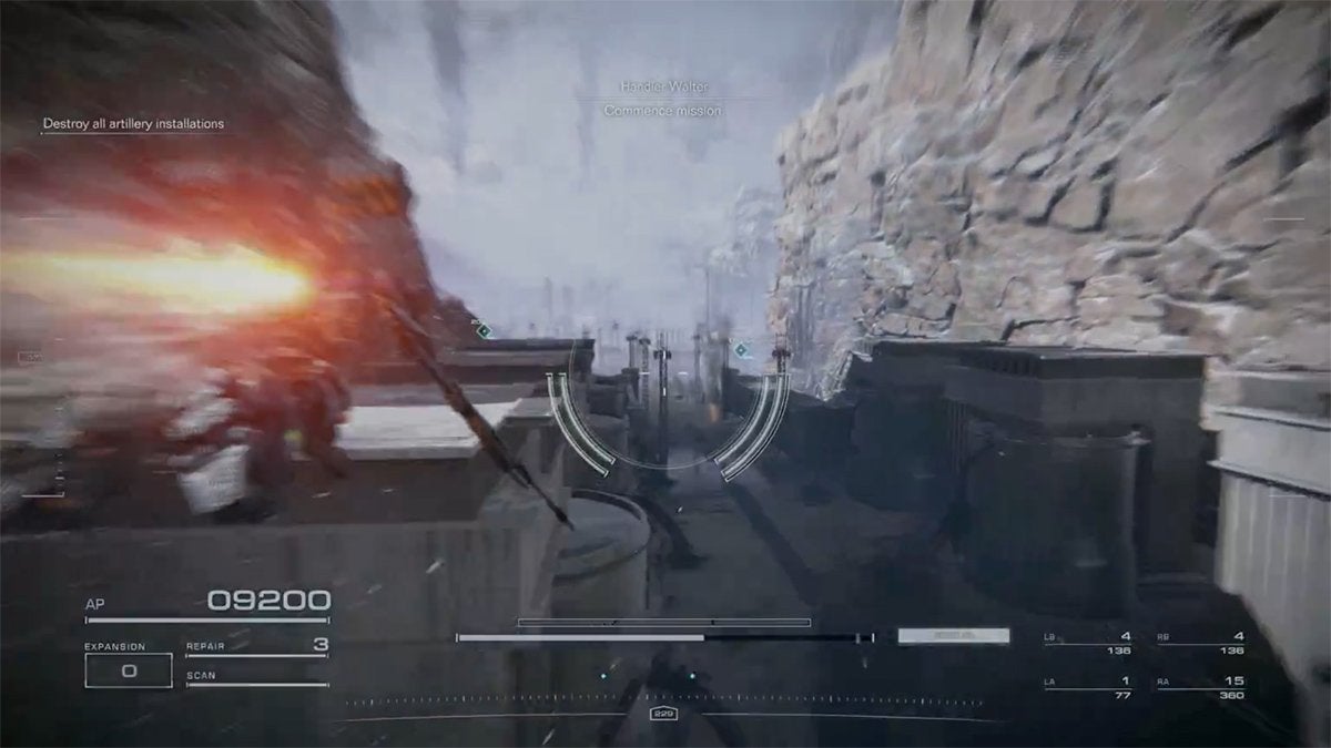 A player moving very quickly through the air thanks to the jets on their Armored Core's back.