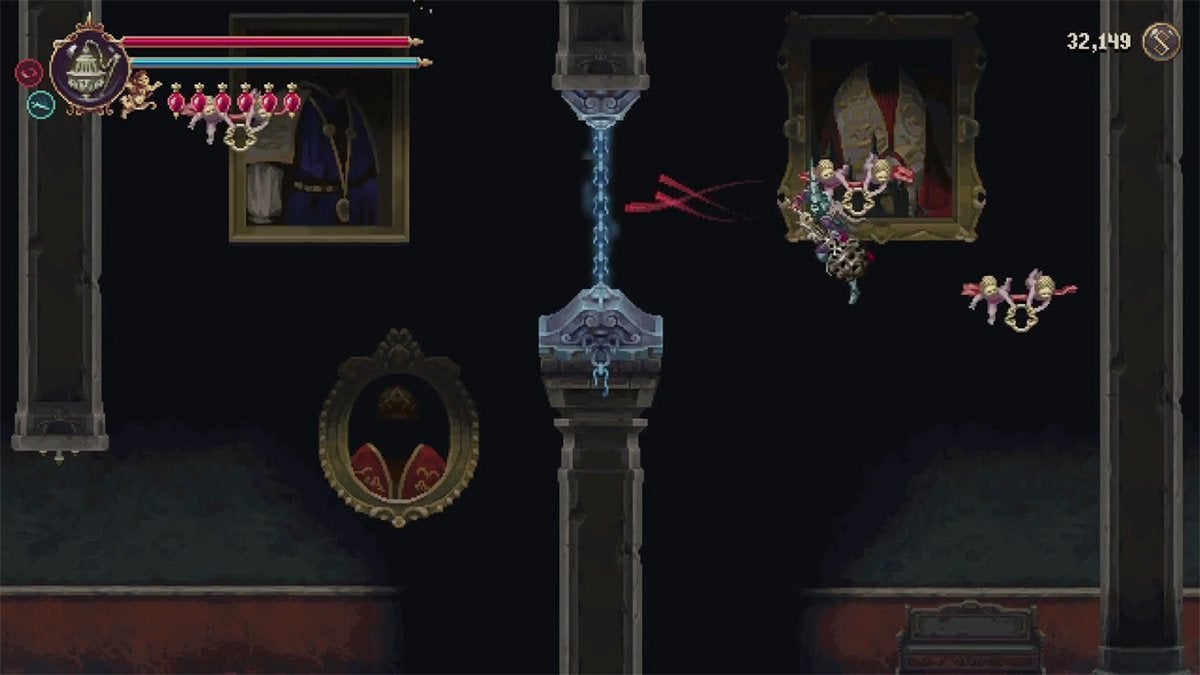 The player using yellow rings to get higher up in a room so that they can go to the left.