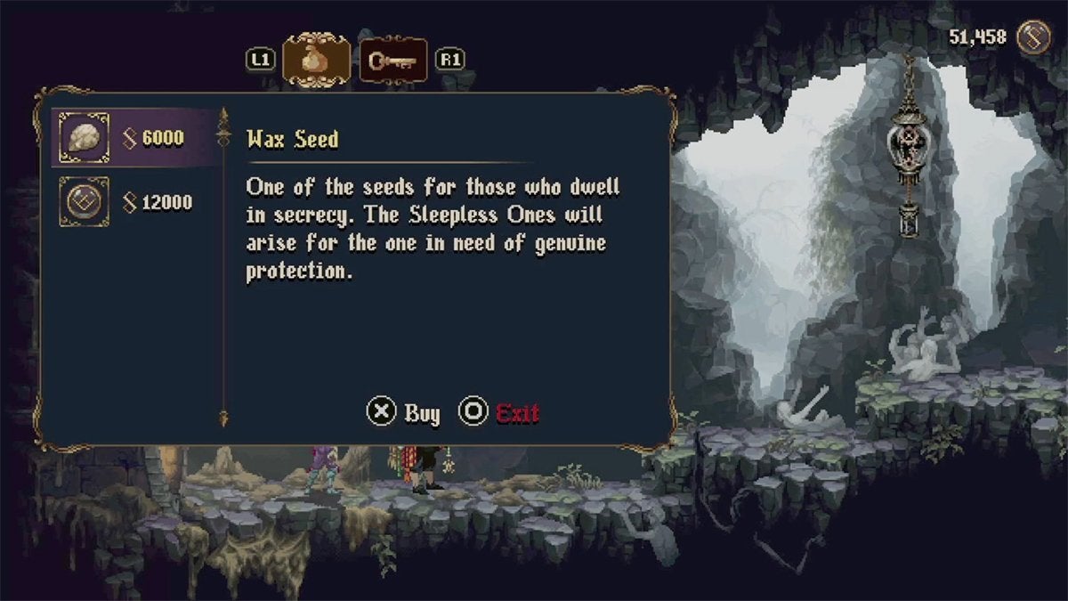 The player seeing a Wax Seed for sale in Medardo and Escolástico's inventory.