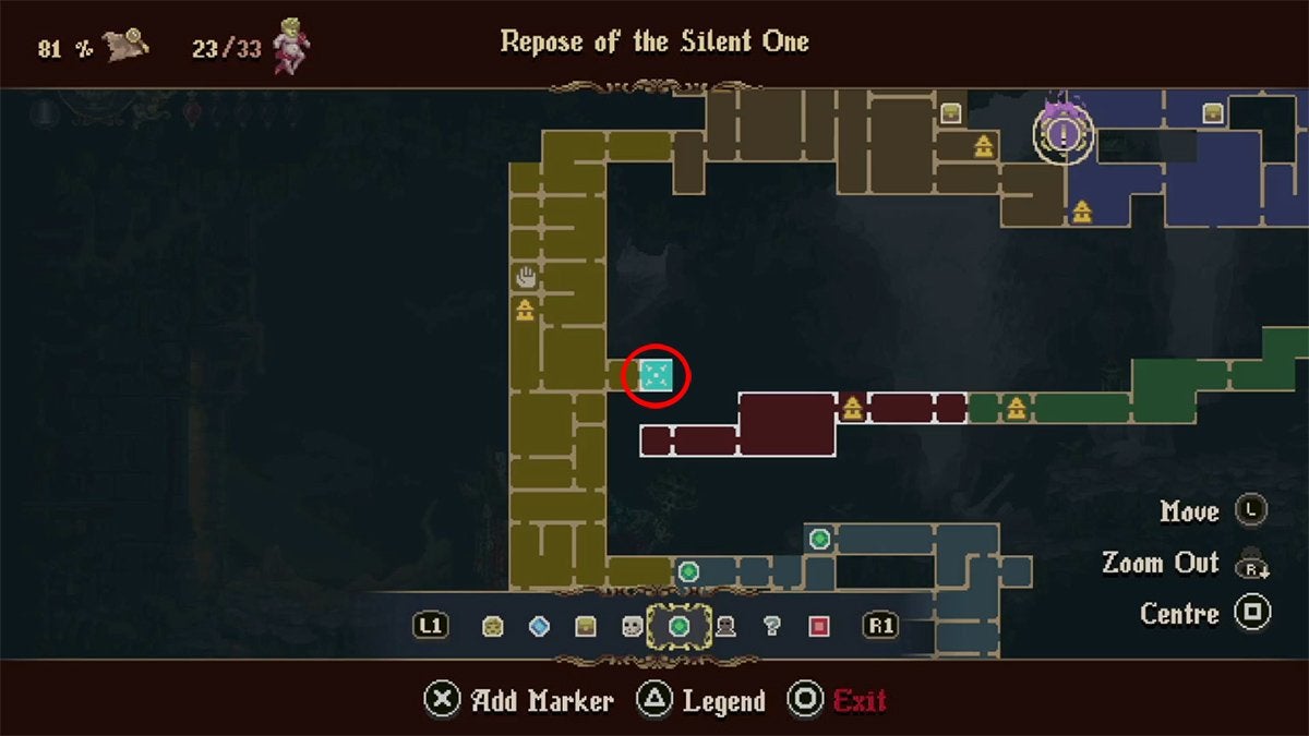 A red circle on the map showing where to find the merchant who sells a Wax Seed in the Repose of the Silent One.