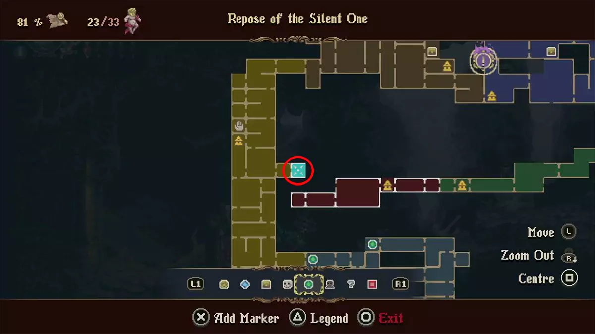 A red circle on the map showing where to find the merchant who sells a Wax Seed in the Repose of the Silent One.