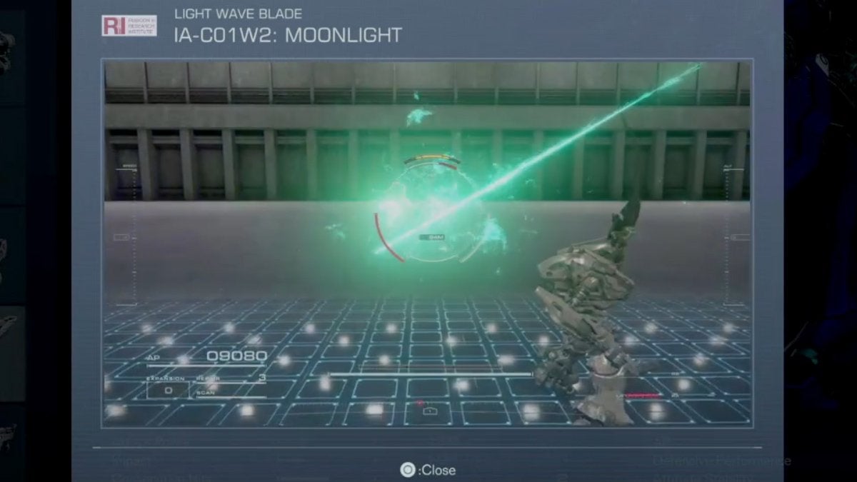 The Assembly menu in Armored Core 6 showing the effects of using the IA-C01W2: Moonlight.