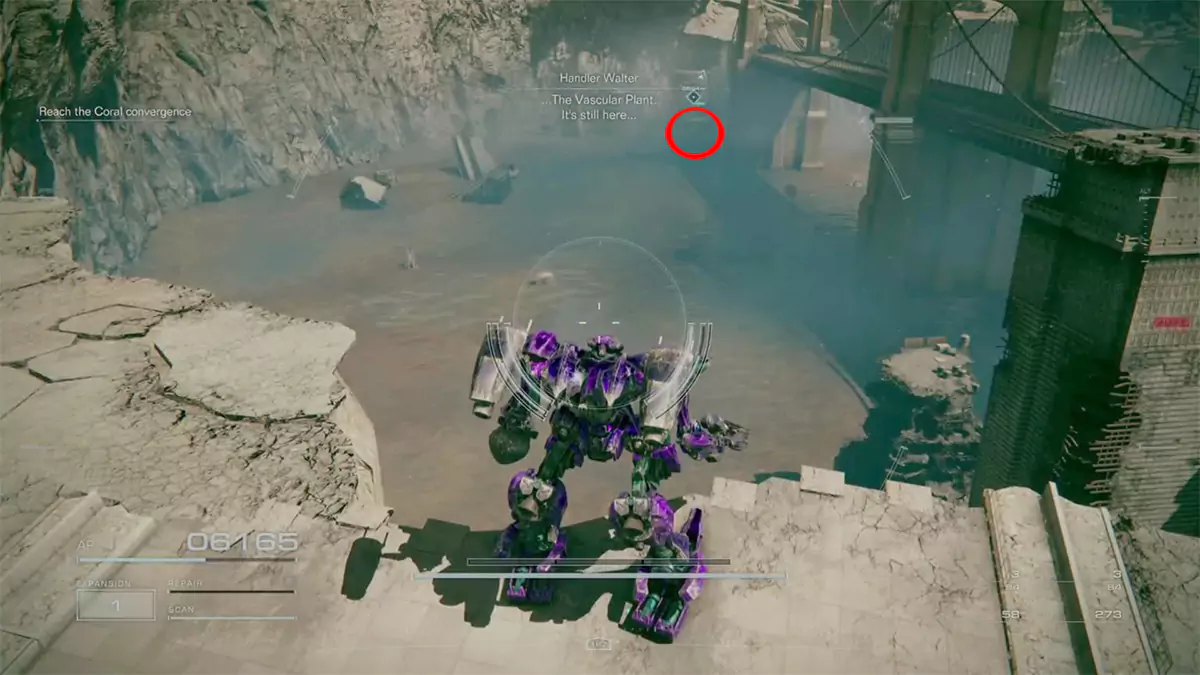 A red circle showing the location of the chest containing the Moonlight sword just beyond a broken bridge.