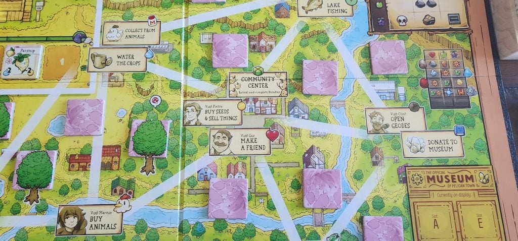 A closeup of the board from the Stardew Valley board game. 
