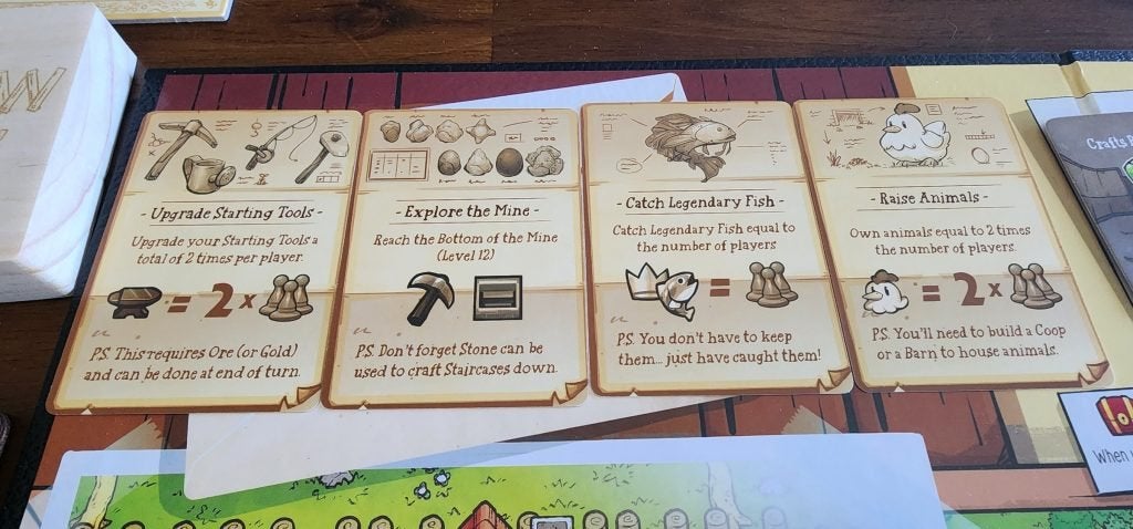 Four of Grandpa's Goals in the Stardew Valley board game.