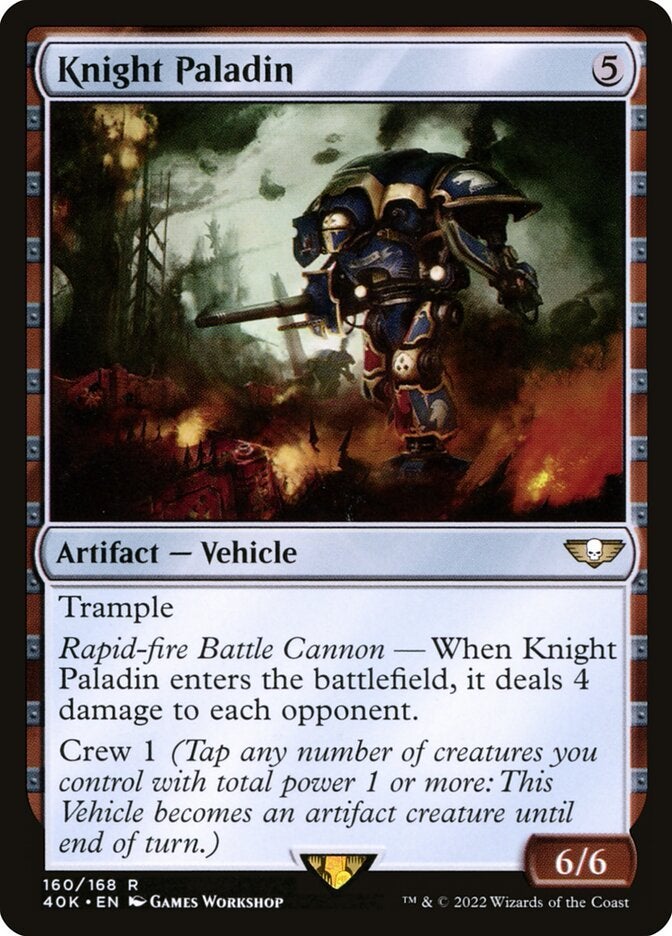 An Artifact Vehicle card from Magic: The Gathering called "Knight Paladin." It has the ability Crew 1.