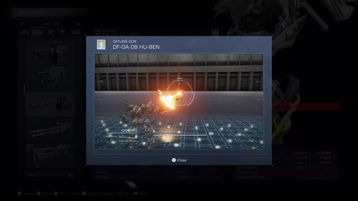 A showcase of the HU-BEN Gatling Gun from Armored Core 6.