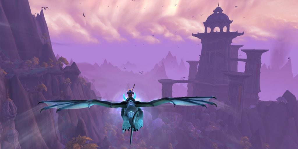 A Paladin player flying on a drake in World of Warcraft Dragonflight. 