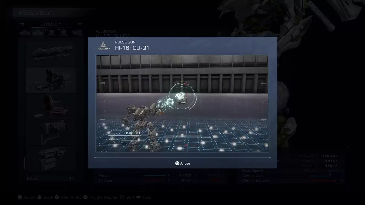 A showcase of the HI-16 Pulse Gun from Armored Core 6.