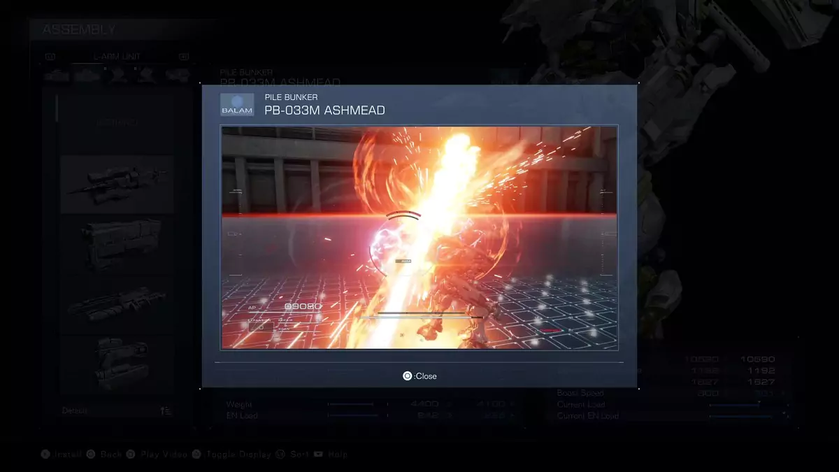 A showcase of the Ashmead Pilebunker weapon from Armored Core 6.