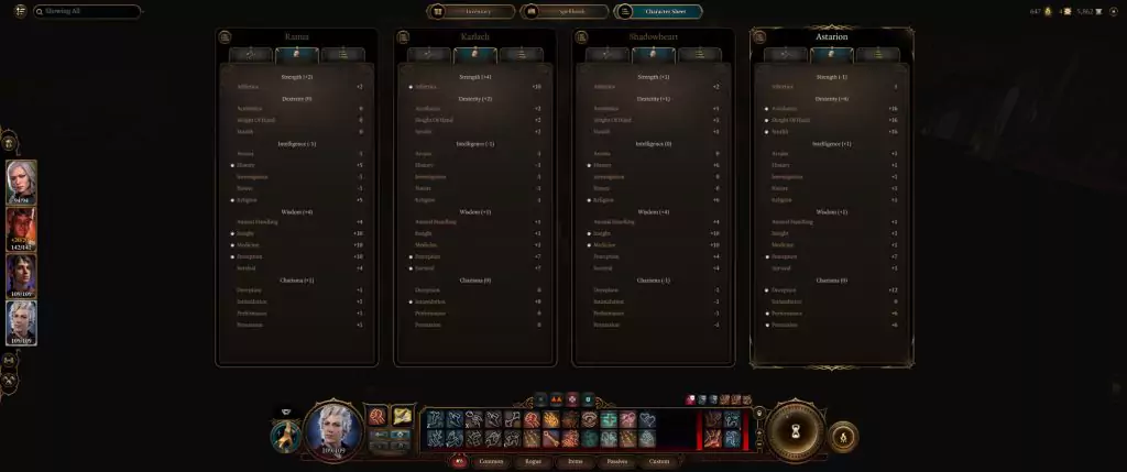The many Skills in Baldur's Gate 3 as seen in the Character Sheet.