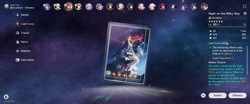 A Light Cone called the Night on the Milky Way equipped to a Himeko in Honkai: Star Rail.